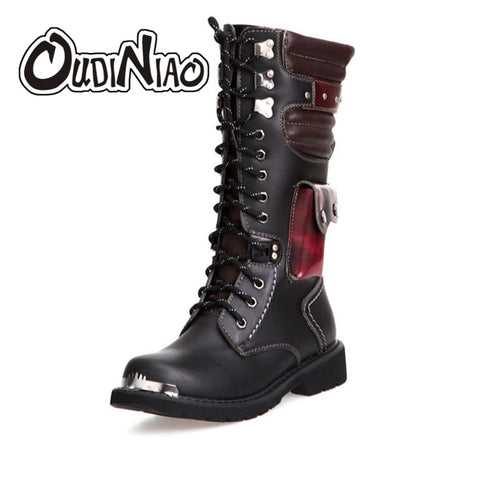 OUDINIAO  Men Buckle High Combat Boots